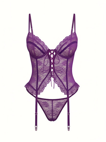 1Set/4pcs Women's Sexy Lingerie Set Floral Lace Garter Bustier Lingerie Set with 1Pair Stocking, Women's Lace Stockings Lingerie Bodysuits Nightwear for Romantic Date Wearing