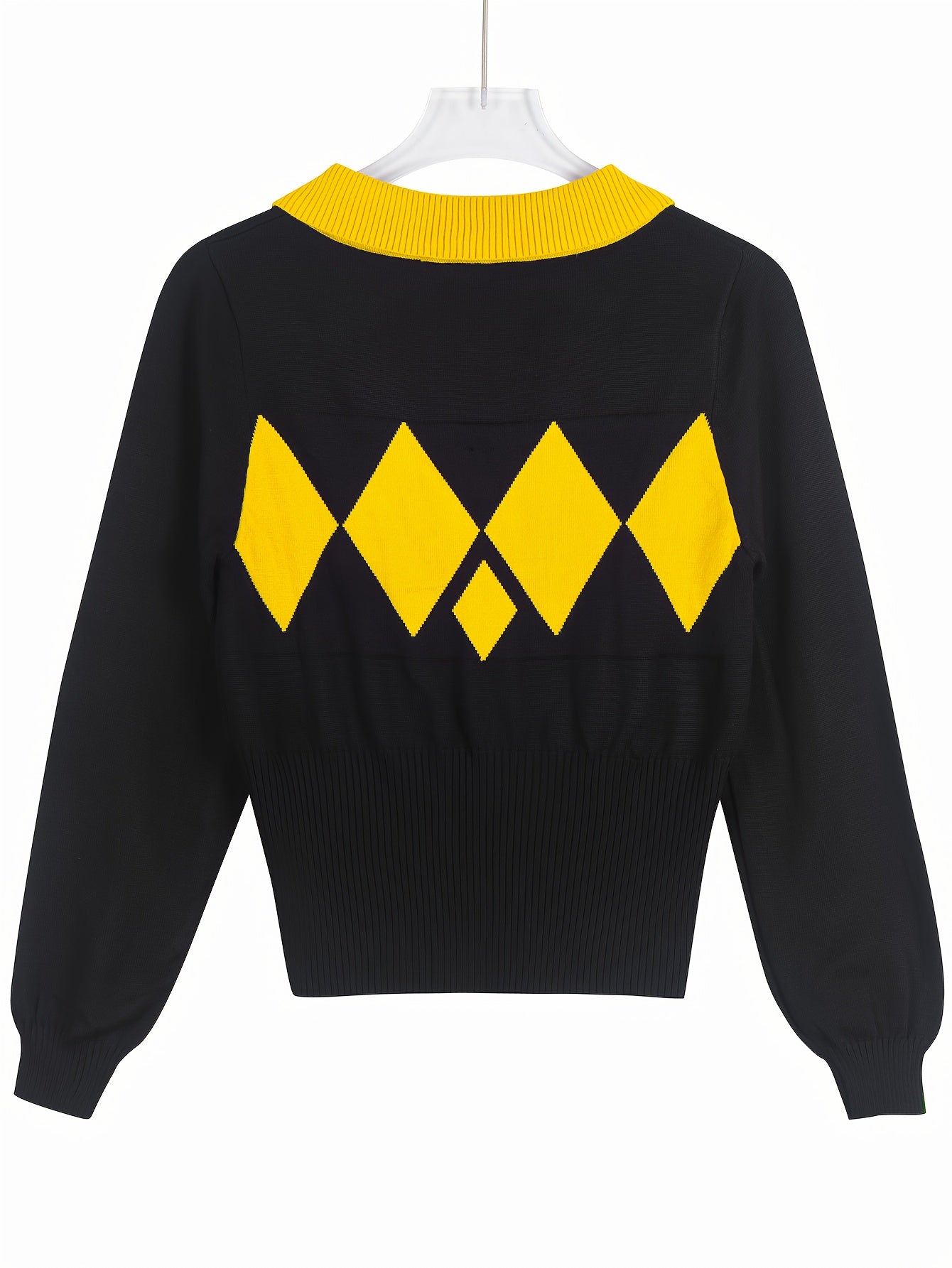 Women'S Elegant Sweater Lapel Diamond Plaid Knitwear Black And White Color Collision Long Sleeve Pullover Fashion Chic Lazy Wind Tops For Office, Party, Daily Wear - Fall And Winter Women'S Trend Tops