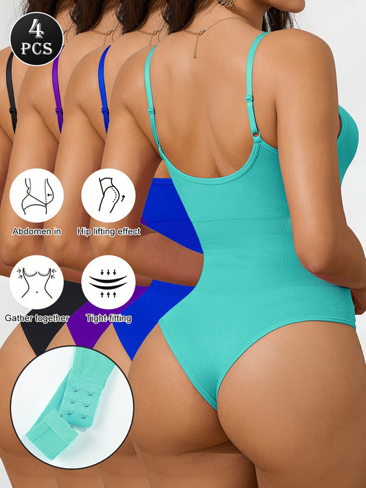 4pcs Women's High- Shapewear Bodysuit 1pc Suitable for Postpartum, Tummy & Waist Cincher with Hip Lift, Thong Underwear for Gym, Casual Attire, Hand Washable Solid Color (No Chest Pads)