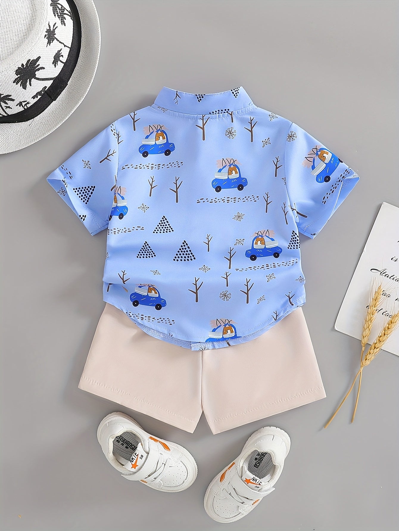 Summer Attire for Young Boys: A Two-Piece Beach Featuring a Button-Up Shirt with Cartoon Car Design And Plain Shorts, for Outdoor