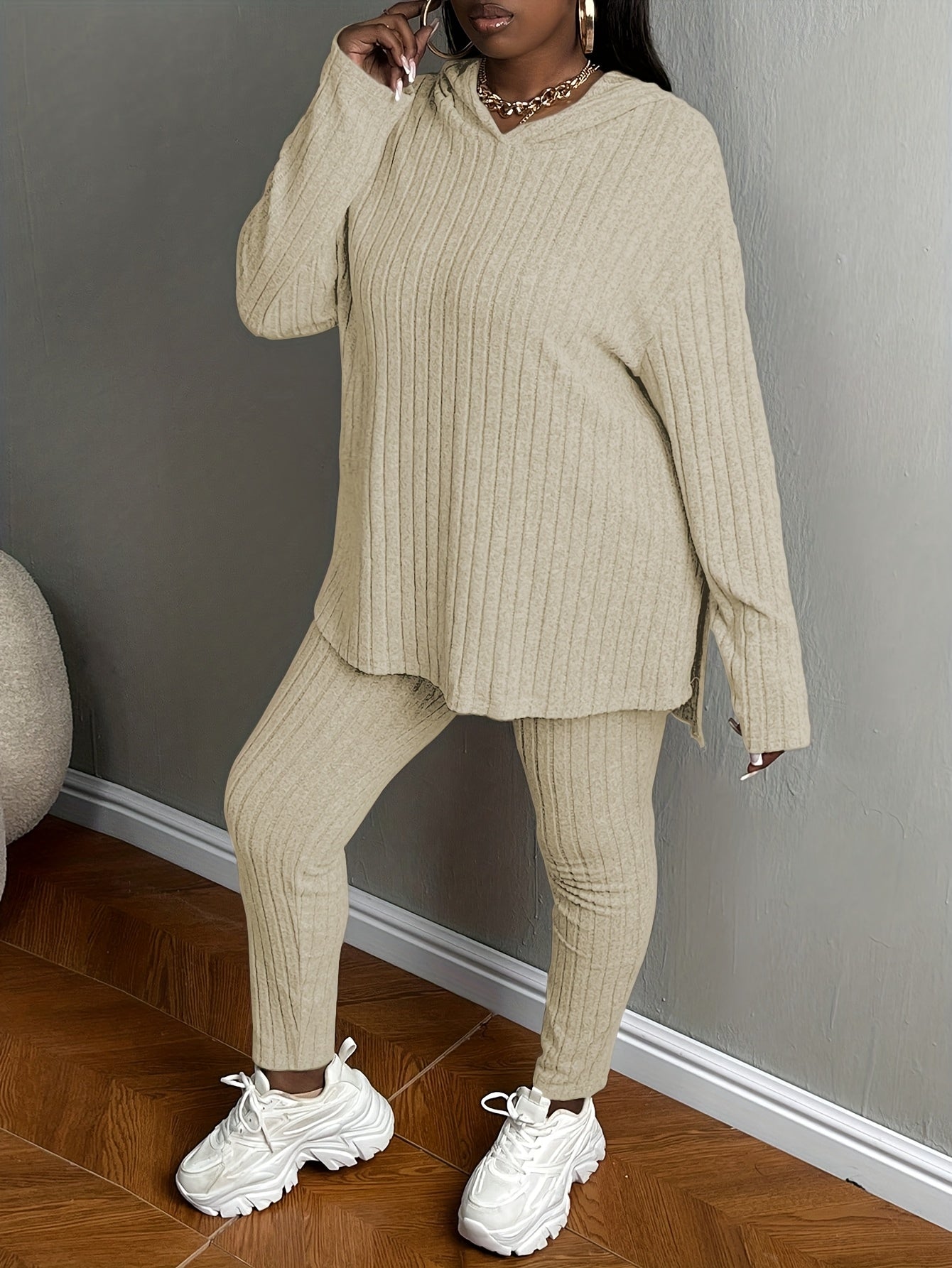 Plus Size, Women's Plus Size 2pcs Outfits Sweatsuits Sets Long Sleeve Hoodies Lounge Sets