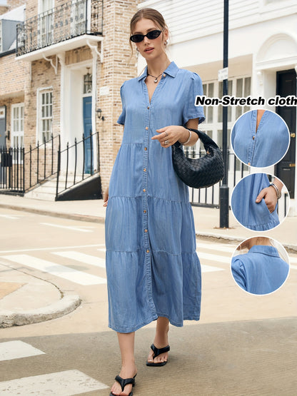 Women'S Light Blue Lyocell Denim Dress - Elegant V-Neck Short Sleeve Multi-Tiered Ruffled Hem Casual Vacation Dress, Machine Washable Regular Fit All-Season Wear