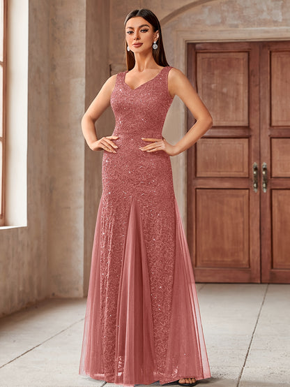 23218 Elegant Women's Sequin Lace Long Evening Bridesmaid Dress, Sweetheart Neckline Sleeveless Design with Slit Tulle Mermaid Hem, Perfect for Formal Wedding Party