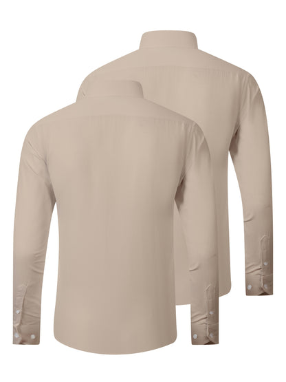2pcs Men's Long Sleeve Dress Shirts - Elegant White, Stretchy Fabric, Business Casual, Unwrinkled, Single-Breasted with Lapel Collar, All-Season Wear, Casual Attire|Elegant Lapel Shirt|Stretchy Fabric