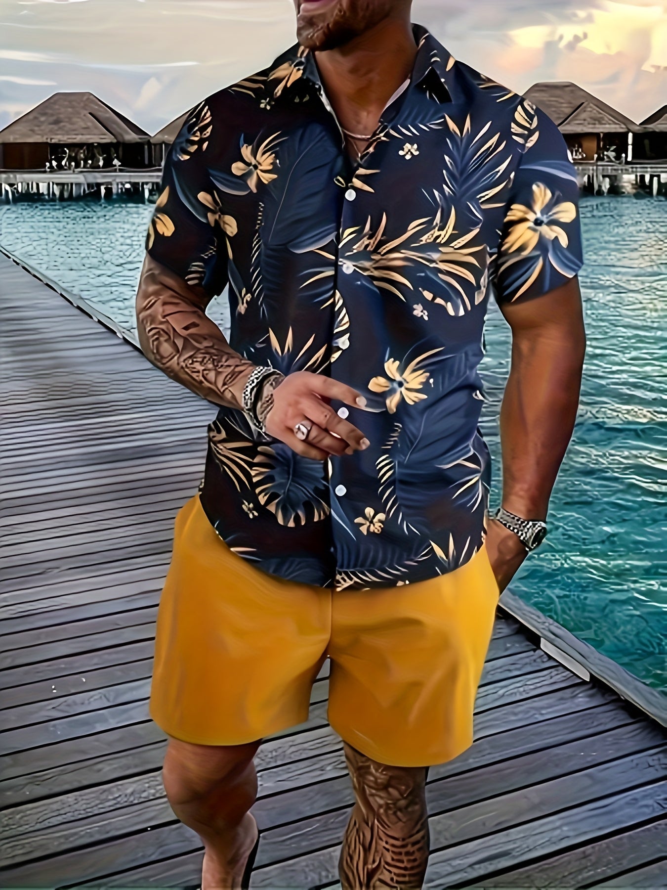 3pcs Men's Tropical Floral & Palm Tree Print Short Sleeve Shirts - Casual, Comfortable Summer Button-Up Dress Shirts in Black, White, & Beige - Perfect Gift for Him