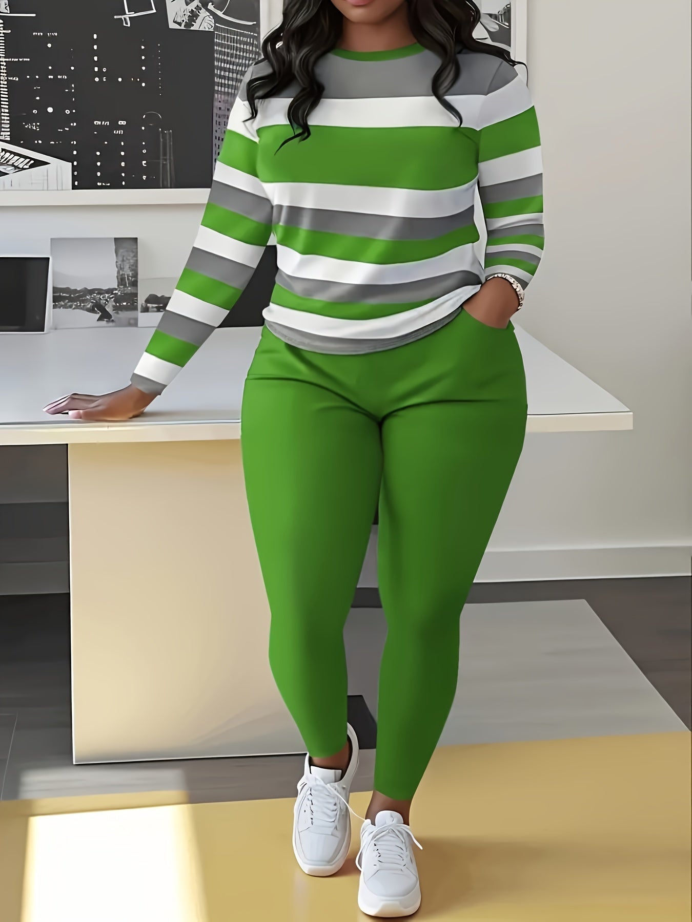 Plus Size Color Block Two-piece Set, Casual Crew Neck Long Sleeve Top & Pants Outfits, Women's Plus Size Clothing