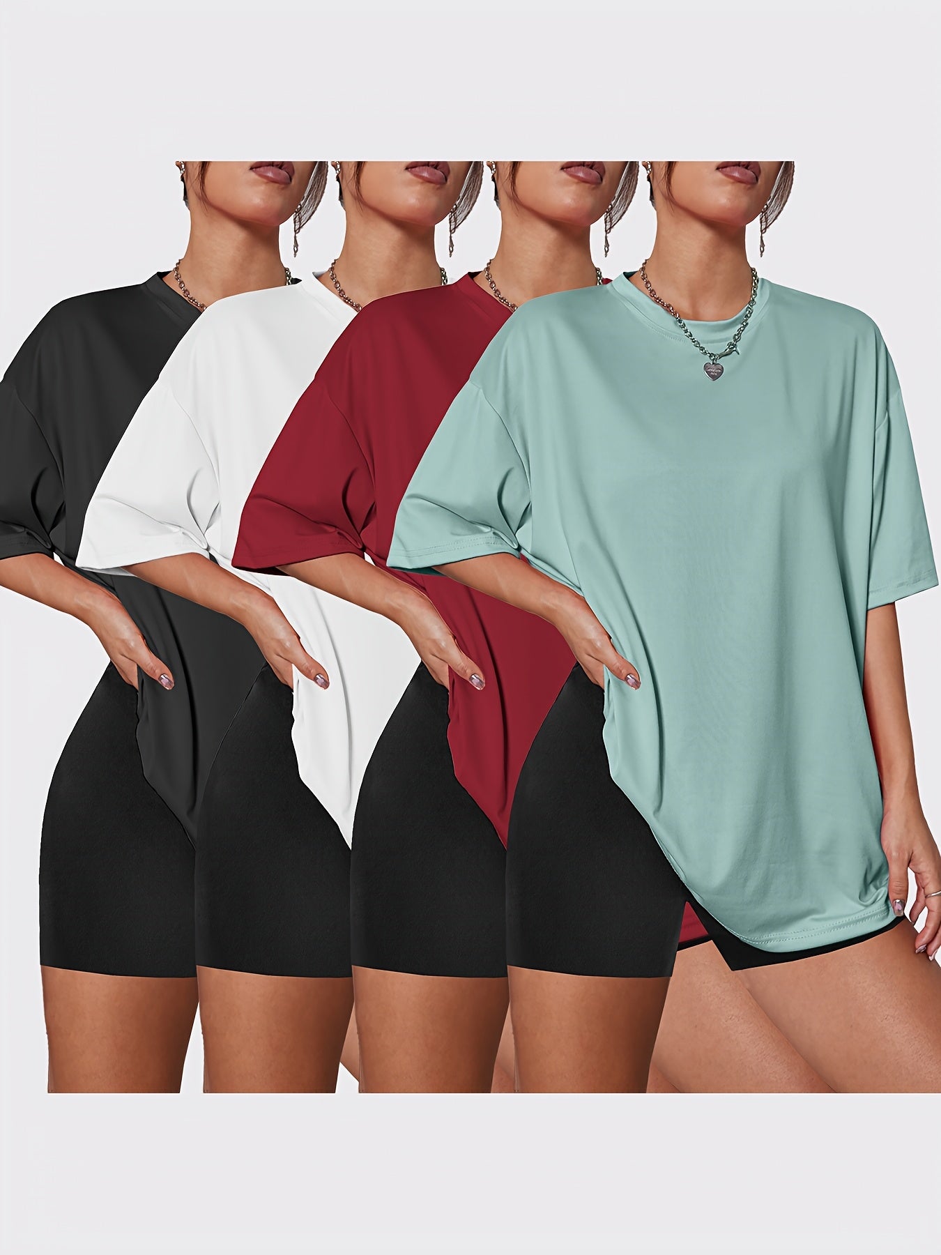 4pcs Women' Oversized T-Shirts - Oversized Loose Fit Crew Neck Quick-Dry Breathable Tees, Solid Color & Casual, Machine Washable Suitable for Spring Summer Fall Casual Attire