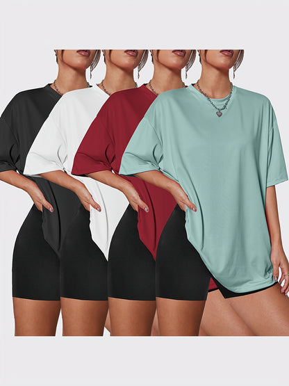 4pcs Women' Oversized T-Shirts - Oversized Loose Fit Crew Neck Quick-Dry Breathable Tees, Solid Color & Casual, Machine Washable Suitable for Spring Summer Fall Casual Attire