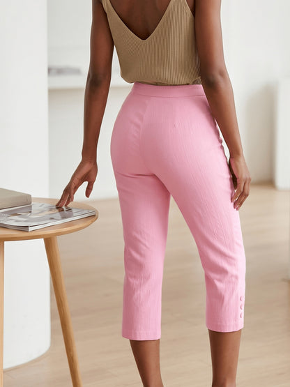 Women'S High-waisted Slim-fitting Capri Pants, Suitable For, Work And Daily Wear, With Pockets