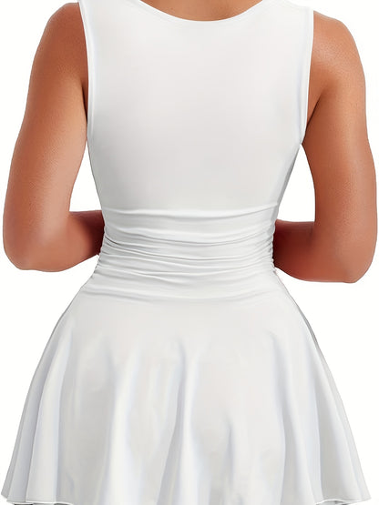 Women'S Square Neck Ruffle Hem Mini Dress Pleated Waist Short Party Dress