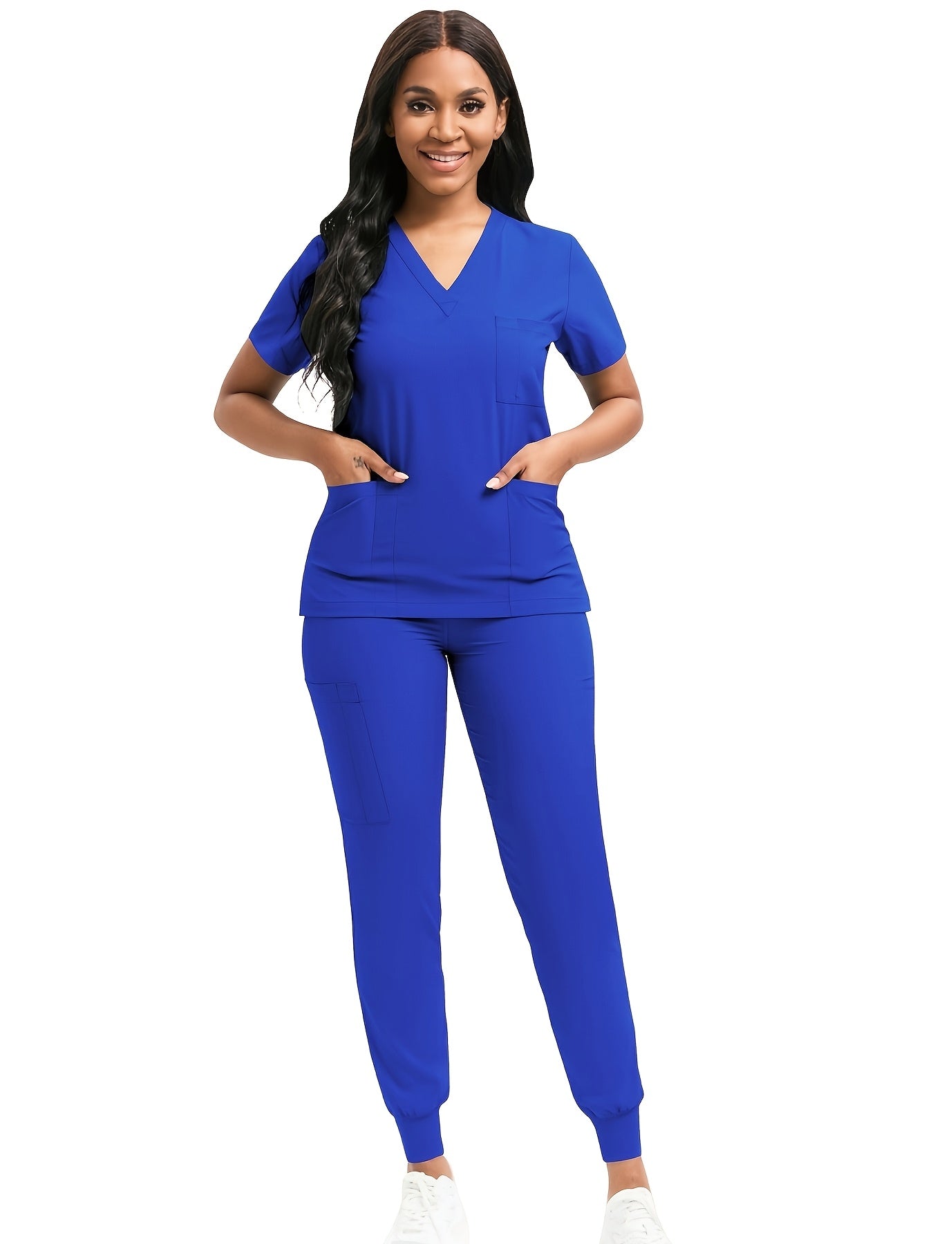 [Scrub Suit Set] Scrub Suit Set For Women Modern V-Neck Top T-Shirt & Tapered Leg Jogger Pants With Drawstring 2pcs Set Nursing Uniforms Set Suitable For Pet Hospitals, Dental Clinics, Nursing Work, Etc