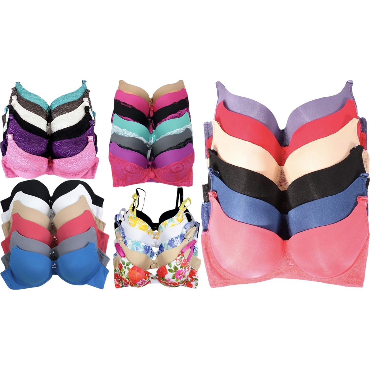 Women's 6-Item Pack of Random Assortment Print Plus Size Bras with Underwire Sizes 34D to 46DDD
