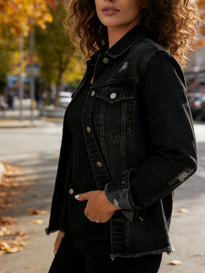 Women's Ripped Washed Button-Up Denim Jacket Coat with Pockets, Casual Classic Distressed Denim Outerwear TZ001