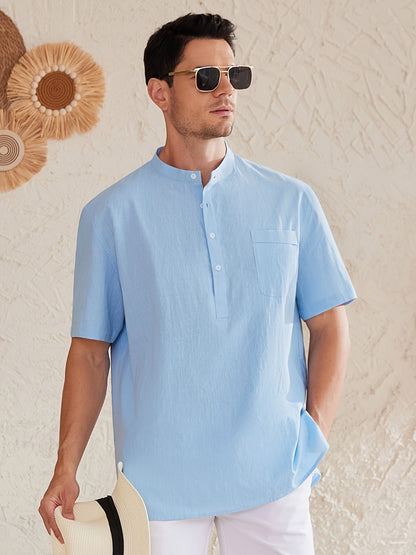 Men's Plus Size Henley Shirt – Sky Blue Short Sleeve