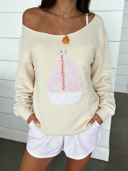Off-shoulder Geometric Patch Appliqué Long-sleeve Sweatshirt, with a Three-dimensional Sailboat Pattern, Single-shoulder Pullover, New Spring/summer Style, Women's Clothing