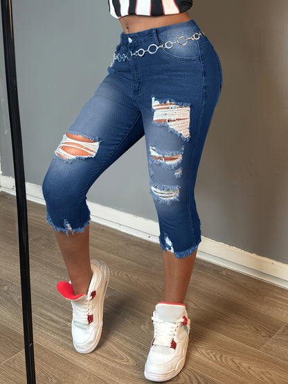 Women Fashion Casual Ripped Capri Jeans Slim Fit Stretchy Denim Pants Classic Raw Hem Denim Three Quarter Pants