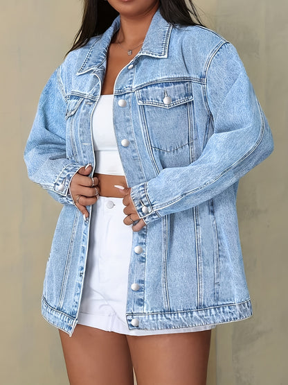 Plus Size Solid Color Collared Button-Front Denim Jacket - Women's Mature Stylish Street Casual Style Loose Fit Daily Comfortable Autumn Winter Plus Size Denim Top
