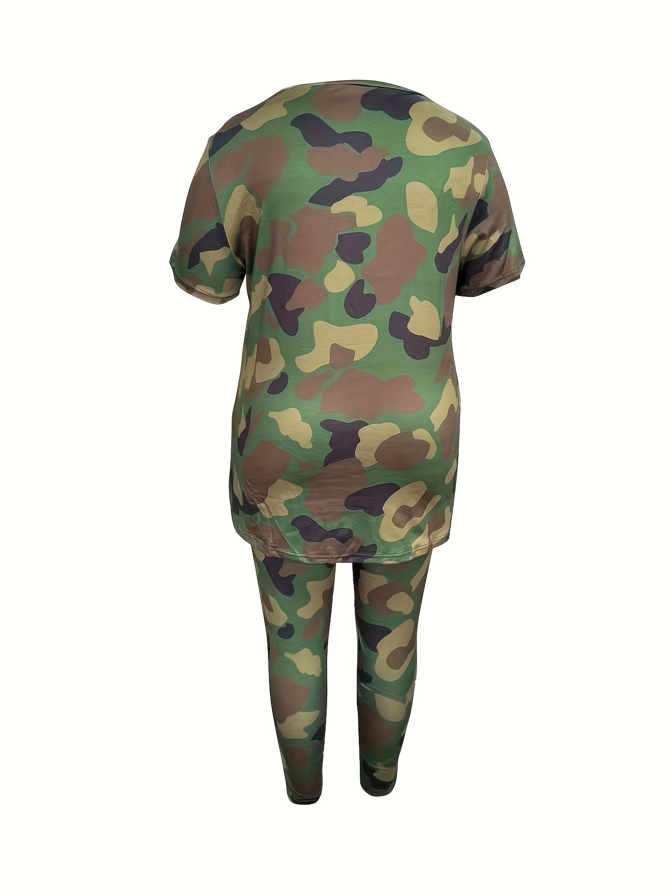 Plus Size Ladies' Fashion Short-Sleeved Trousers Two-Piece, Full-Body Camouflage Suit, Coat Side Split, Trousers with Pockets, Comfortable And Elastic Ladies' Daily Leisure Suit