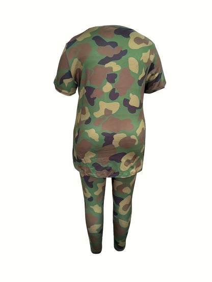 Plus Size Ladies' Fashion Short-Sleeved Trousers Two-Piece, Full-Body Camouflage Suit, Coat Side Split, Trousers with Pockets, Comfortable And Elastic Ladies' Daily Leisure Suit