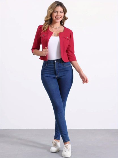 Denim Jacket for Women' S Collarless 2025 Cardigan 3/4 Sleeve Crop Jean Jackets