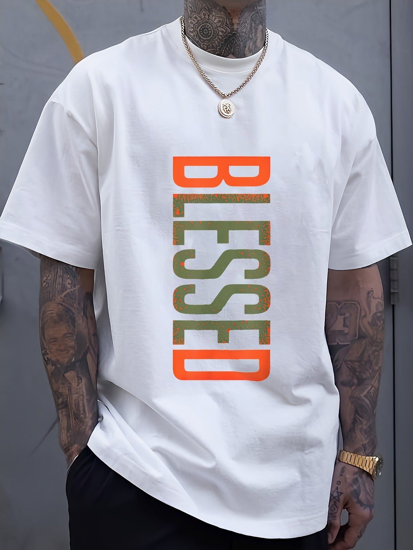 Men's BLESSED 3D Printed T-Shirt- Bold Geometric Letters, Breathable Comfortable Fit, Machine Washable Casual Short Sleeve Top, Casual Wear, Modern Casual Clothing, Plus Size