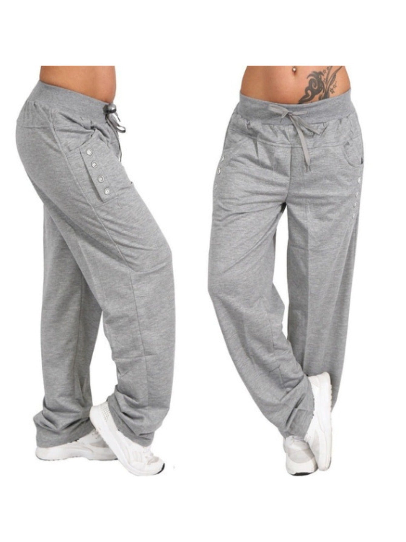 Plus Size, Drawstring Waist Wide Leg Pants Solid Color Casual Trousers Versatile Everyday Bottoms for Women
