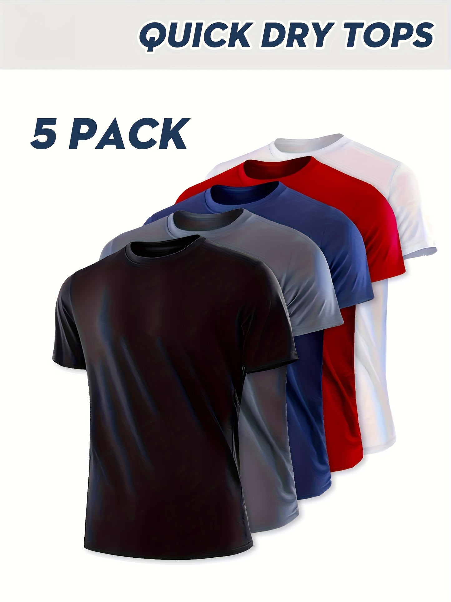 5pcs Men'S Summer Loose Crew Neck Short Sleeve T-Shirt - Check Fabric Top-Moisture-absorbent, Breathable, Soft And Comfortable For Daily Sports, Fitness And Training