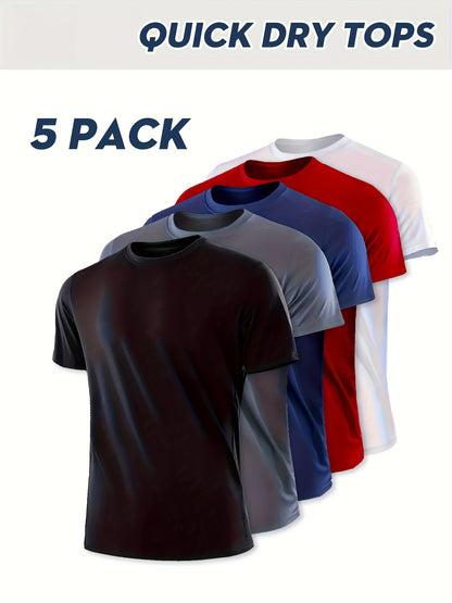 5pcs Men'S Summer Loose Crew Neck Short Sleeve T-Shirt - Check Fabric Top-Moisture-absorbent, Breathable, Soft And Comfortable For Daily Sports, Fitness And Training
