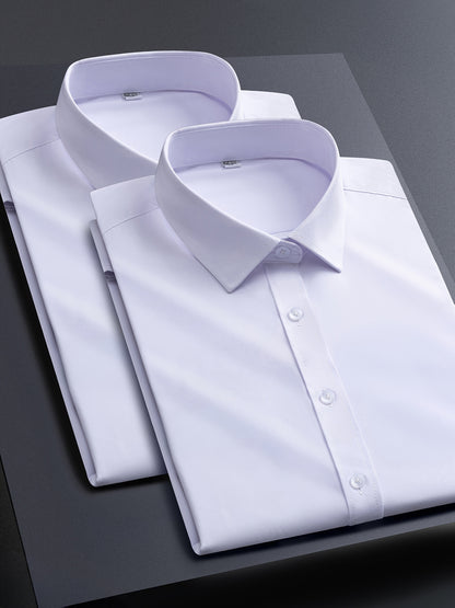 2pcs Men's Long Sleeve Dress Shirts - Elegant White, Stretchy Fabric, Business Casual, Unwrinkled, Single-Breasted with Lapel Collar, All-Season Wear, Casual Attire|Elegant Lapel Shirt|Stretchy Fabric