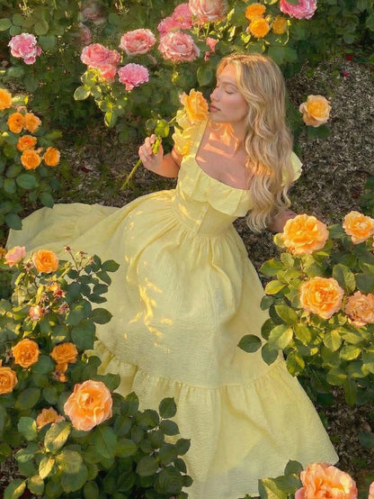 [Elegant Romantic Dress] Women's Spring/Summer Off-Shoulder Ruffled Waist Dress | Elegant Romantic Design, Showcasing Soft Temperament, Ideal for Dates, Outings And Daily Wear