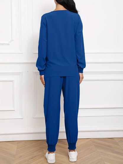 Women'S V-Neck Long Sleeve Elastic Uniform Set with Pockets, Breathable Stretch Top And Waist Cord Pocket Pants Two-Piece Set