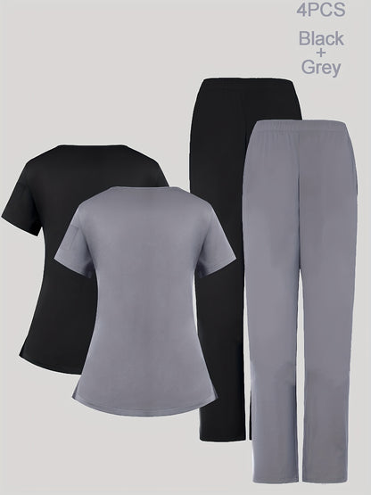 4pcs Set for Women'S V-Neck Matte Breathable Uniform Pocket Hand Washing Work Clothes Brush Hand Clothes Clothes Pants Set