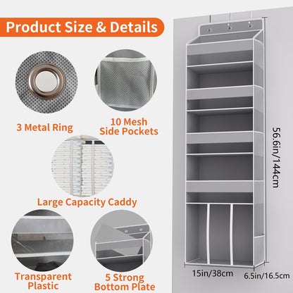 Over the Door Organizer Hanging - 6 Shelf Over Door Organizers with 6 Clear Front &12 Side Pockets - Swing-proof 50LB Load Behind Door Storage for Closet Bedroom Bathroom Nursery Essentials