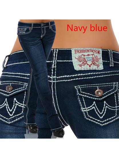 Women'S Western Style Straight Leg Jeans, Embroidered Back Pocket, Vintage Washed Stretch Denim Pants, Casual Everyday Wear