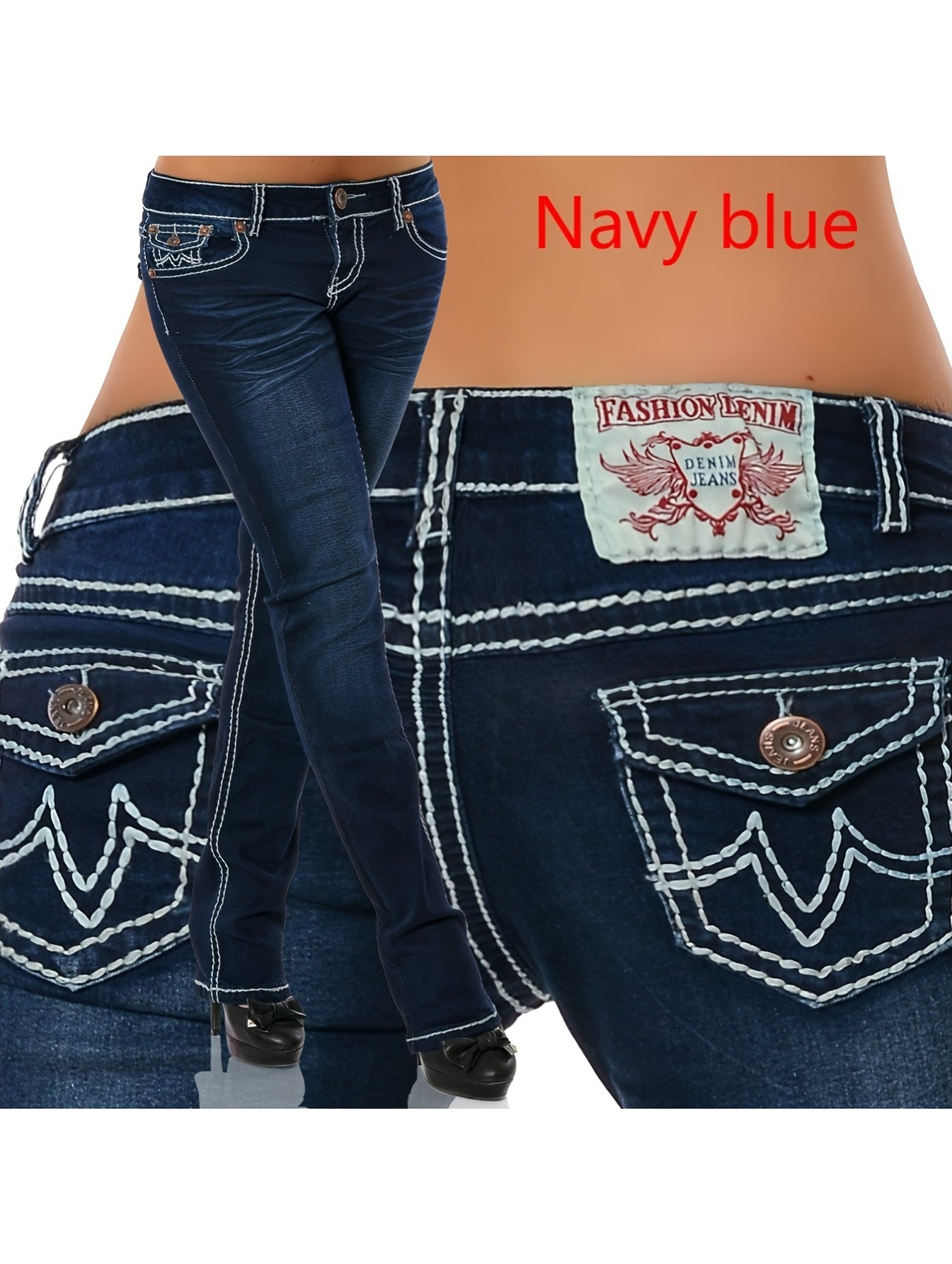 Women'S Western Style Straight Leg Jeans, Embroidered Back Pocket, Vintage Washed Stretch Denim Pants, Casual Everyday Wear