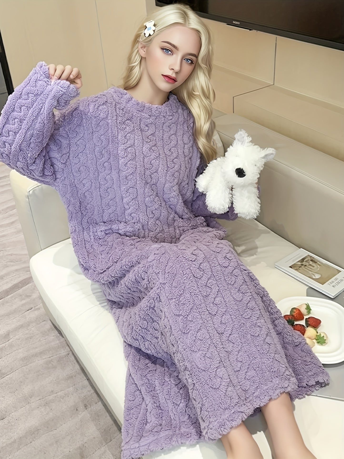 Ladies' Thick Coral Velvet Sleeper Robe - Super Soft Long with Pocket, Winter Home Sleeper, Machine Washable SPA Casual Clothing, Comfortable and Warm Home Outfit, Round Neck Warm Sleeper, Durable and Comfortable Material