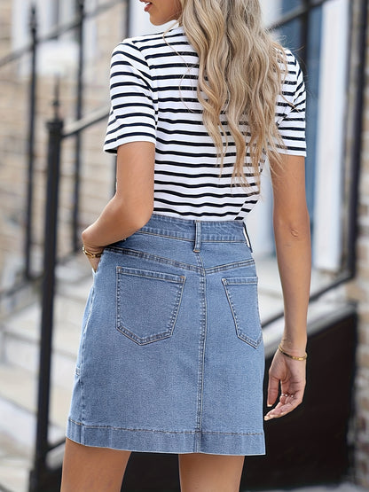 Women'S High-Waist Stretch Denim Mini Skirt - Versatile, Mid-Length Skirt with Large Pockets, Casual Elegant Style, Perfect for Summer, Jeans Skir