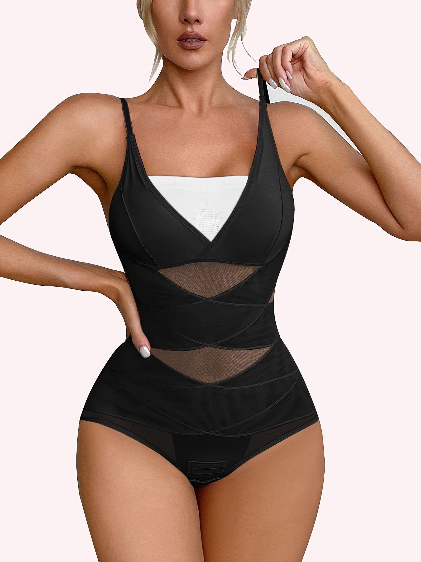 JUQDNX High-Waisted Body Shaping Bodysuit for Women - Sleek Black, Deep V Neck, Cross Support Back, Firm Tummy Control, Postpartum, Solid Color, Hand Washable, Removable Pads, Smoothing Silhouette, Confidence Boosting