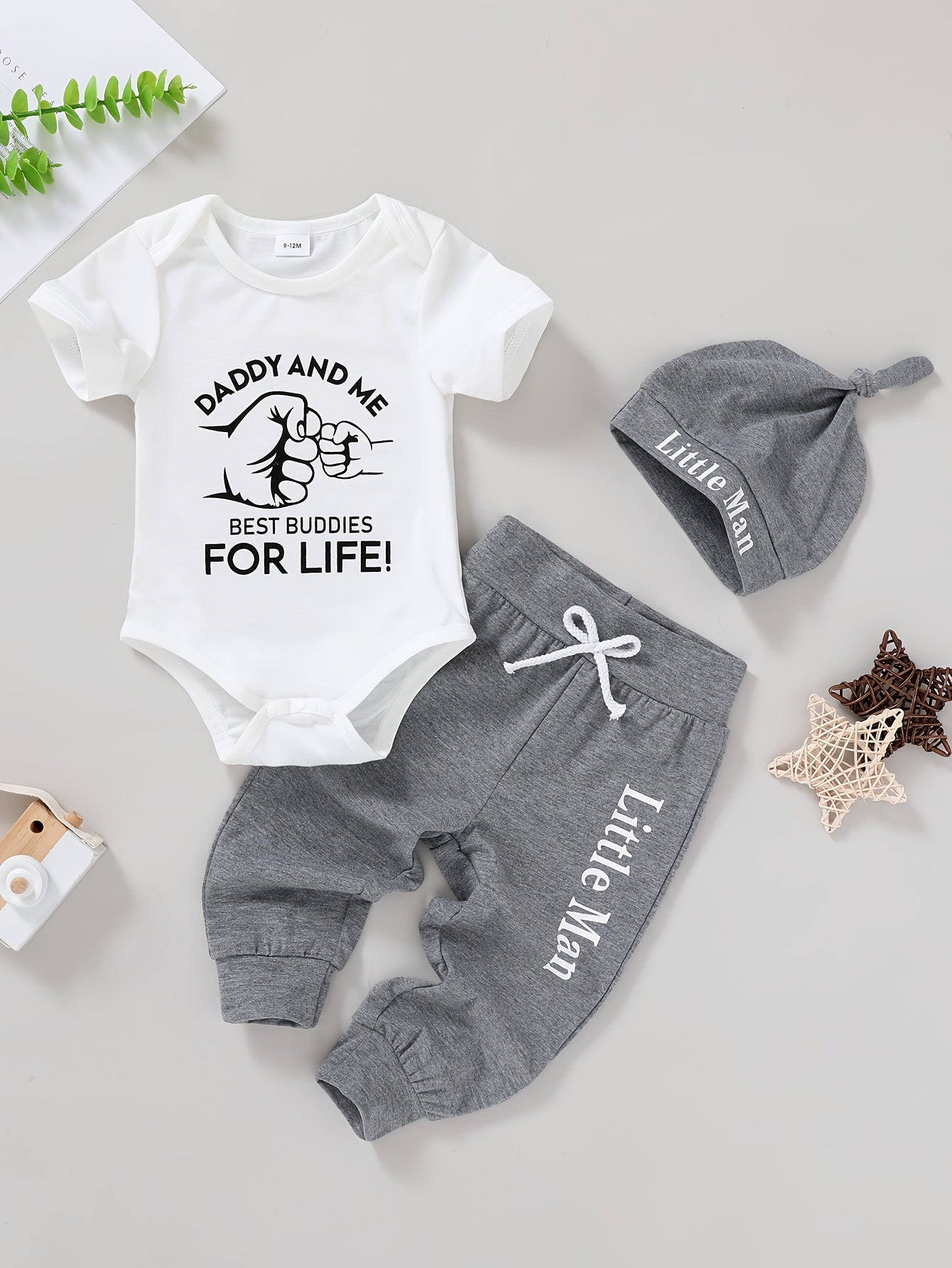 3pcs Cute Baby Boy Soft, Comfortable, Breathable Letter And Gesture Pattern Jumpsuit And Letter Slogan Front Tie Pants with Hat Suitable for Casual Daily Vacation Parties, Perfect for Outdoor