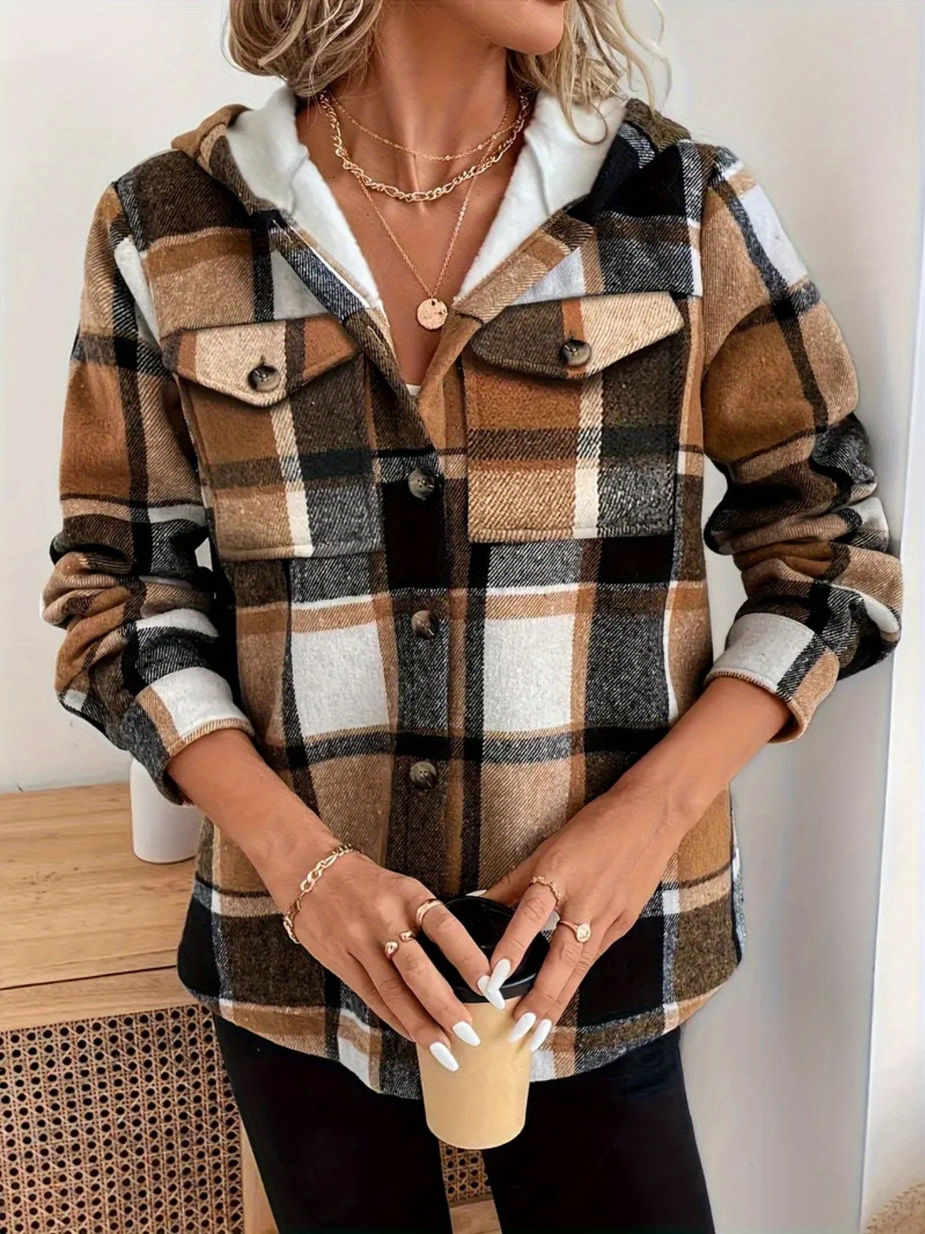 Fall & Winter Essential: Women's Plaid Hooded Jacket. Lining for Warmth, Front - Button Design, Adjustable Drawstring Hood. Washable In Brown, Red, Green, Black, Blue. Durable & Soft Fabric, Suitable for All - Day Comfort In Casual Settings.