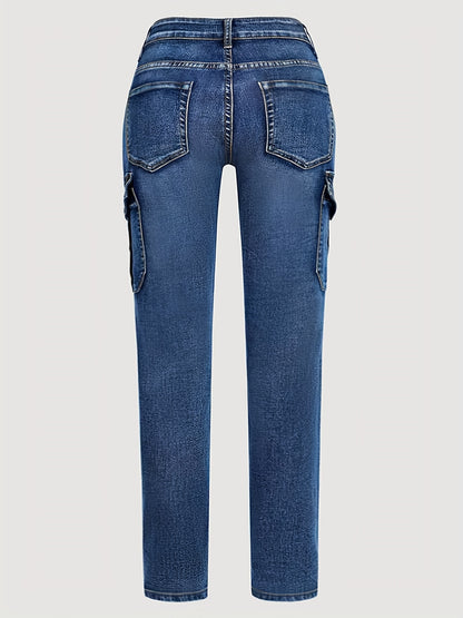 Plus Size - Women'S Plus Size High-Waist Stretchy Skinny Jeans with Pockets - Dark Blue Casual Tight Pants, Comfortable And Stylish for Casual Attire, High Waisted Jeans, Comfortable Clothing, Minimalist Design, Smooth Texture