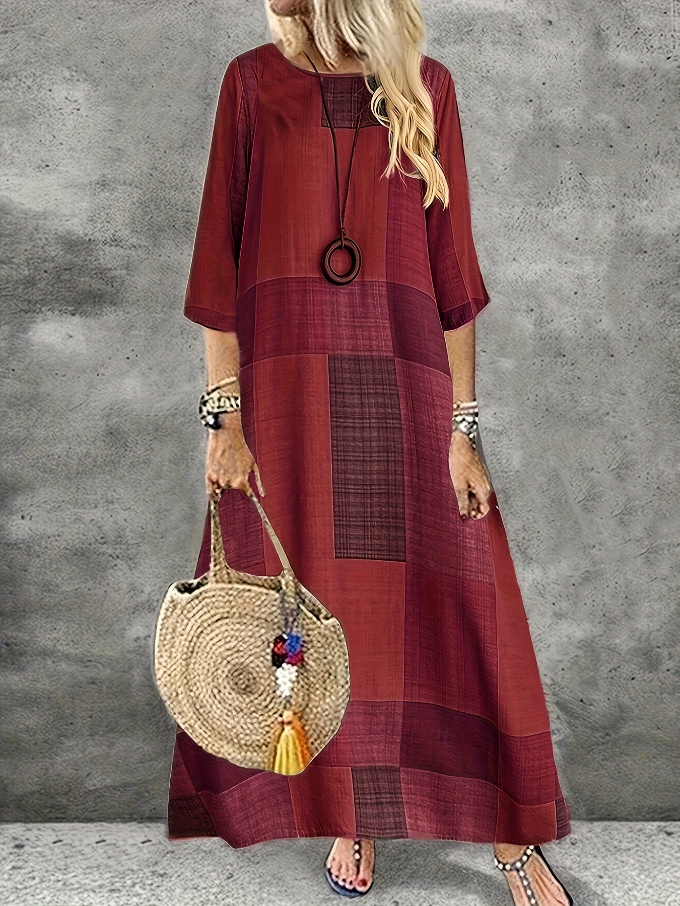 [Retro Geometric Dress] Vintage Geometric Print Women's Maxi Dress - Olive Green, Brown, And Beige Patchwork Design, Round Neck, Half Sleeves, Lightweight, Casual to Chic Style, Comfortable Outfit | Retro Geometric Dress | Earth Tone Design, Cute Dress