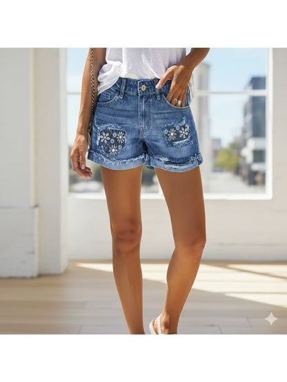 Blue Denim Floral High-Waist Denim Shorts - product view 2