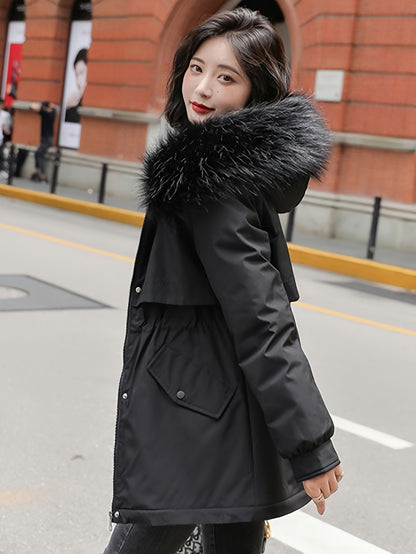 Women's Parka Coat 2025 Winter Thickened Padded Coat, Fashionable and Versatile with Detachable Collar, Waist Drawstring Design, and Lining