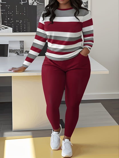 Plus Size Color Block Two-piece Set, Casual Crew Neck Long Sleeve Top & Pants Outfits, Women's Plus Size Clothing