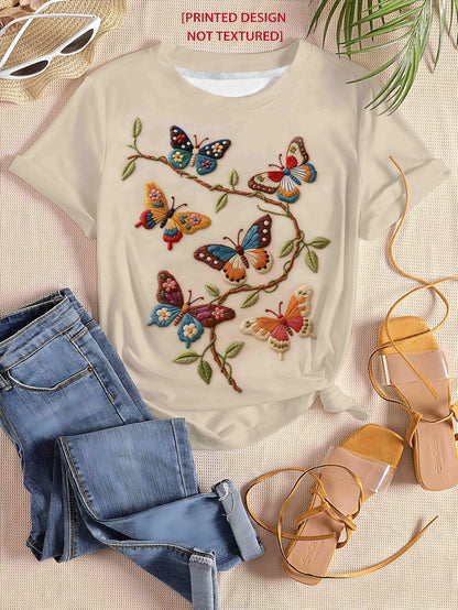 Forest Style Butterfly Wreath Short Sleeve T-Shirt Round Neck Loose White Top Artistic Retro Gentle Style Niche Design Short Sleeve