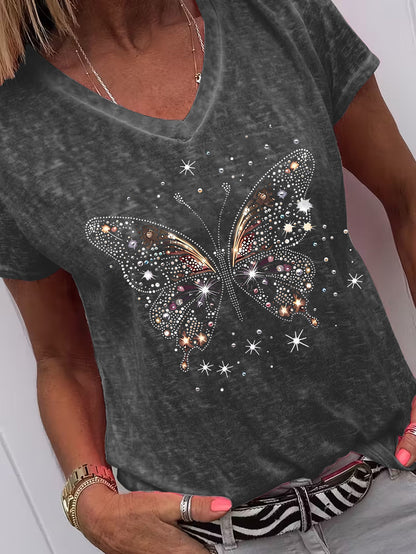 This Stylish V-Neck T-Shirt Features a Casual Butterfly Rhinestone Design And Short Sleeves, Making It a Great Option for Lounging at Home, Outings, Or Gifting. It'S an Excellent Choice for New Year'S Presents, Valentine'S Day Surprises, And More