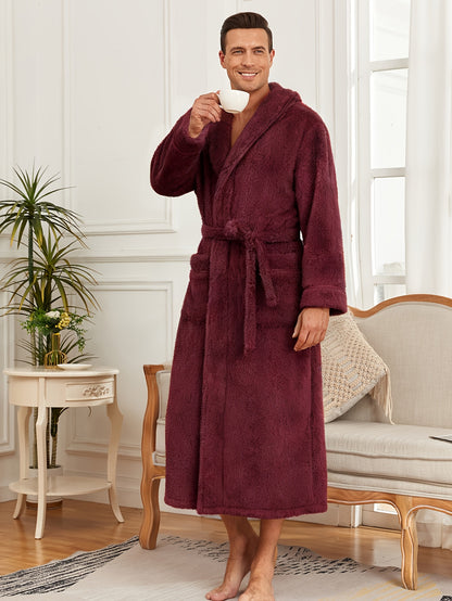 Men'S Thickened Flannel Hooded Bathrobe - Soft Plush Long Sleeve Robe with Pockets, Warm & Breathable Winterrobe for Home, Spa