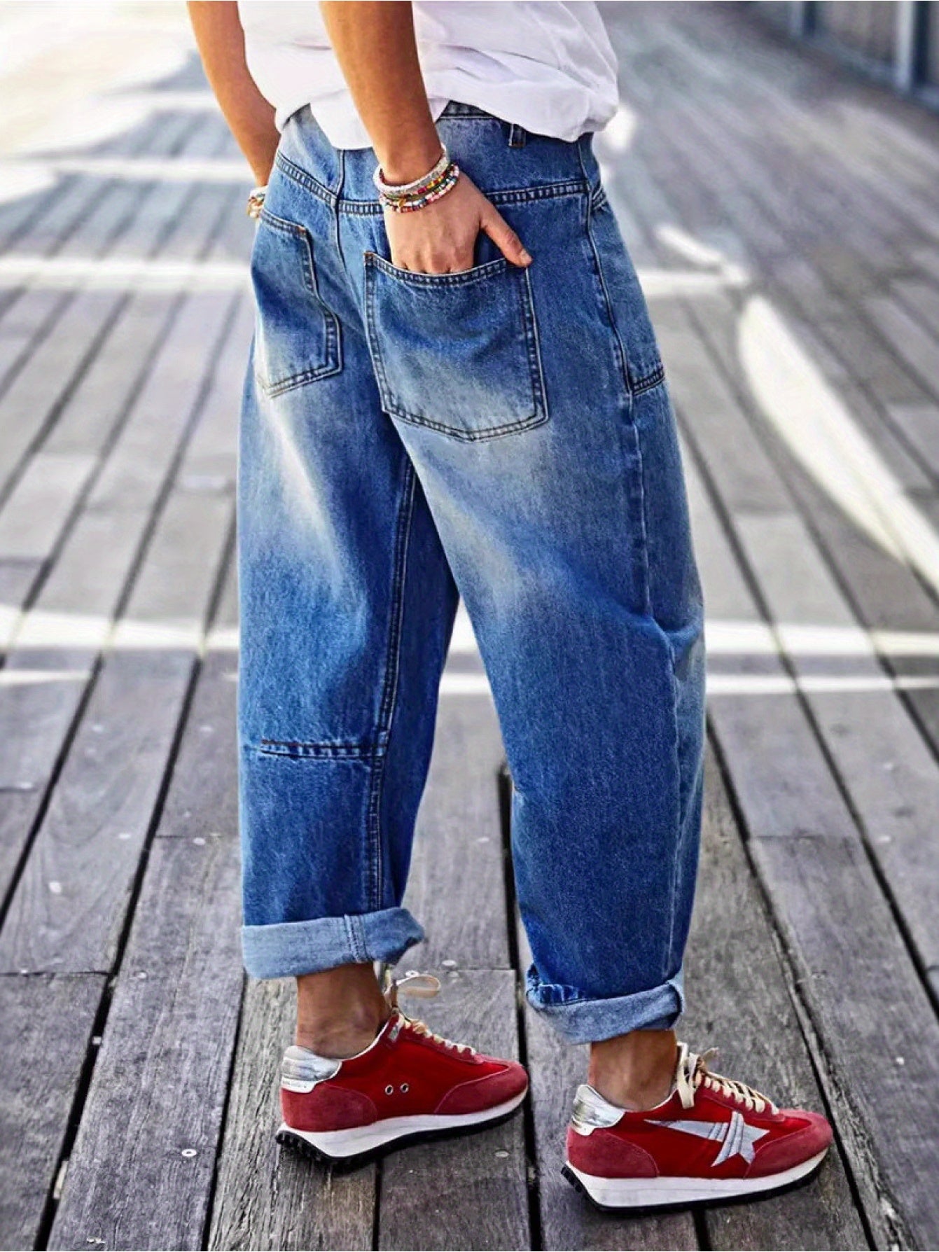 1pc Women'S High- Waisted Baggy Boyfriend Jeans, Vintage Wash Patchwork Pants, Loose Fit Tapered Trousers with Roll- Up Cuffs, Trendy Streetwear Ankle- Length Bottoms Casual Daily Outfits, Comfortable Relaxed Fit Jeans Spring