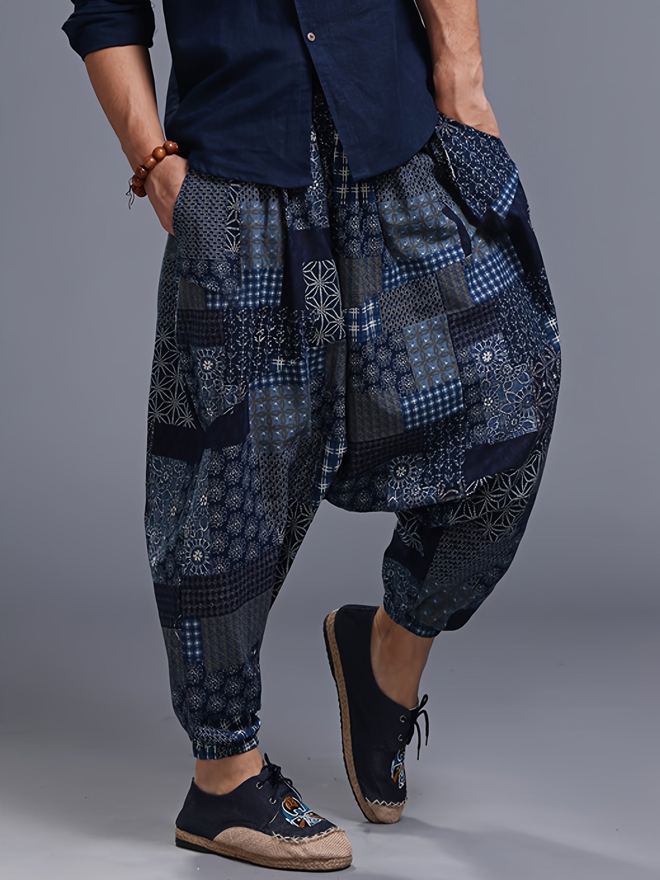 Men'S Stylish 100% Loose Colorful Fans Pattern Pants with Pockets, Casual Breathable Comfy Trousers for City Walk Street Hanging Outdoor Activities